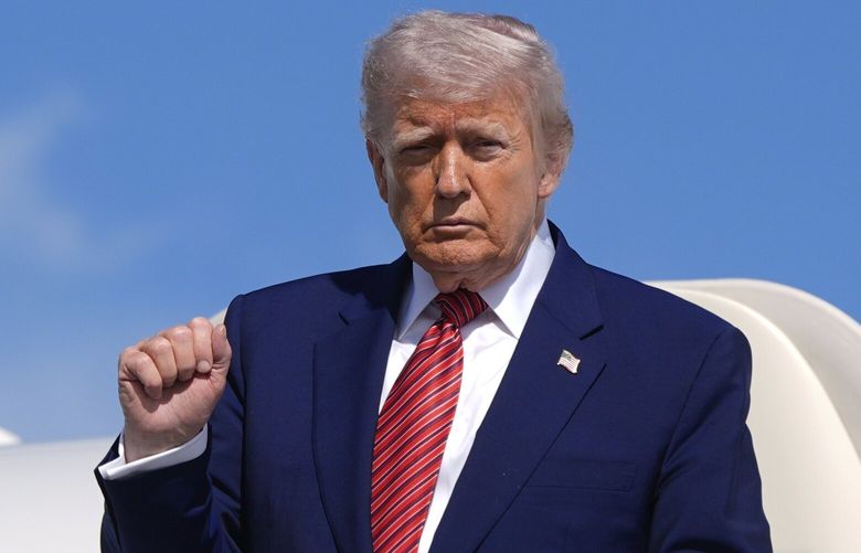 President Donald Trump arrives on Air Force One at Morristown Municipal Airport in Morristown, N.J., Friday, May 23, 2025. (AP Photo/Manuel Balce Ceneta) MCJE361 MCJE361