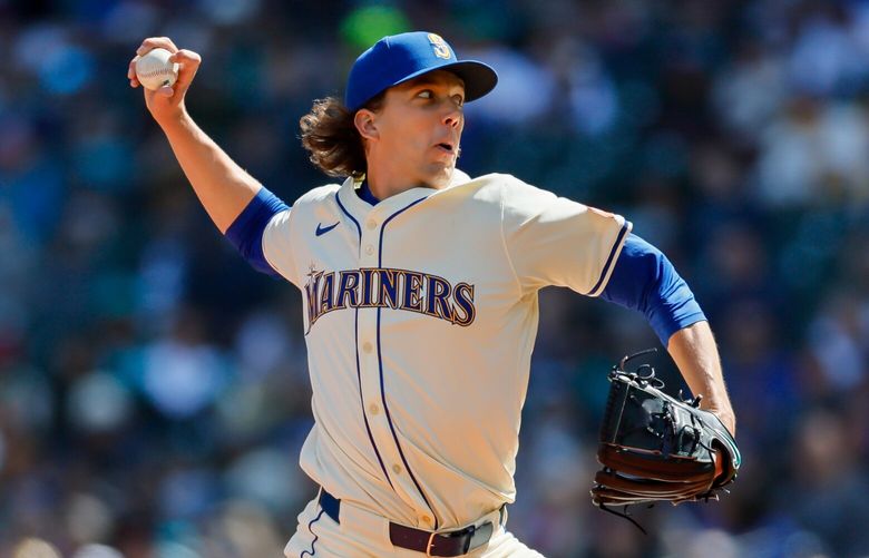 Seattle Mariners starting pitcher Logan Gilbert throws out a pitch during the first inning Sunday, April 13, 2025 in Seattle. 229712