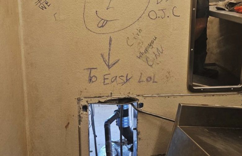 This photo obtained by The Associated Press on Friday, May 16, 2025, shows an opening inside a cell at the Orleans Justice Center in New Orleans. (AP Photo) LAHO501 LAHO501