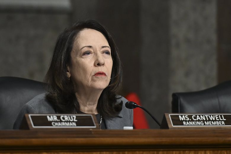 Sen. Maria Cantwell, D-Wash., questions Kelly Ortberg, the president and chief executive of Boeing, during the Senate Committee on Commerce, Science and Transportation  hearing on Boeing’s safety culture on Capitol Hill on April 2. (Kenny Holston / The New York Times)