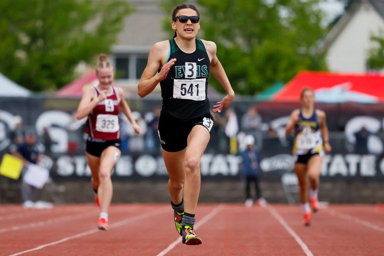 Verónica Garcia of East Valley (Spokane) comes down the home stretch as she wins the girls Class 2A 400-meter dash Saturday, May 31, 2025