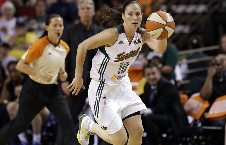FILE – Seattle Storm’s Sue Bird in action against the Los Angeles Sparks in a WNBA basketball game Saturday, June 6, 2015, in Seattle. (AP Photo/Elaine Thompson, File) BGK355 BGK355