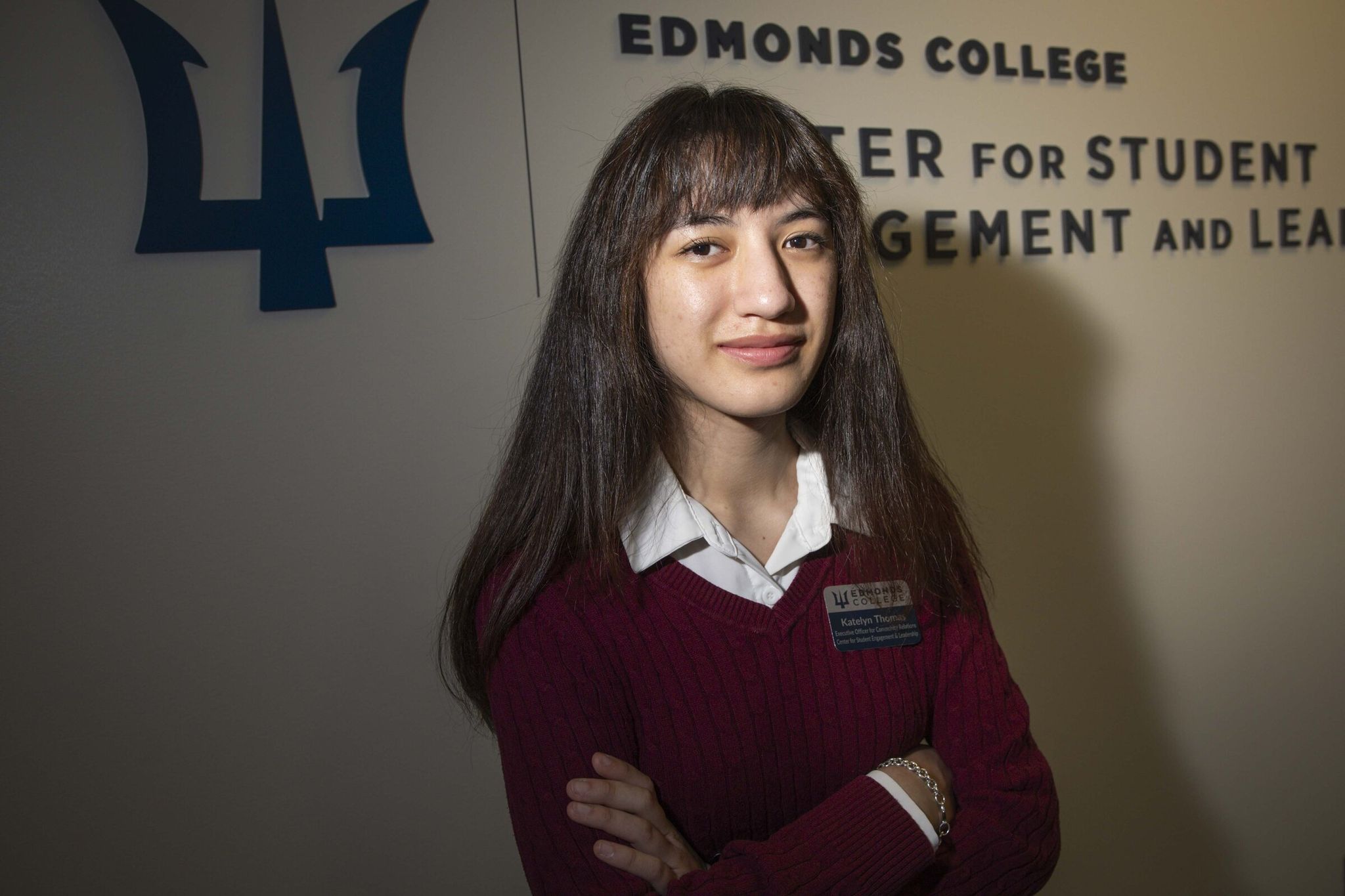 Katelyn Thomas, the student executive officer for community relations at Edmonds College, poses for a portrait following a student executive board meeting in Lynnwood on Wednesday. (Ivy Ceballo / The Seattle Times)