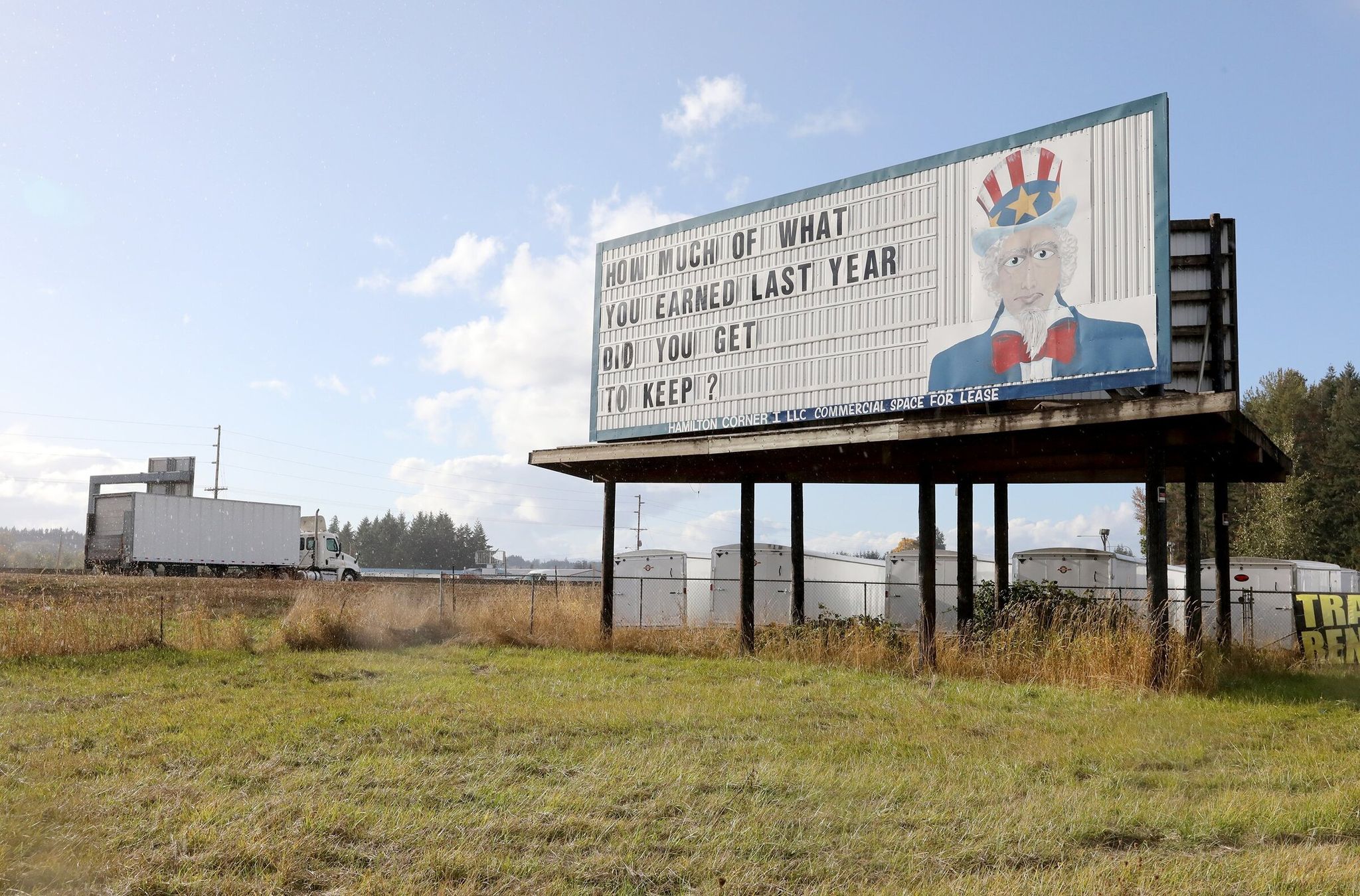 One of the conservative “Uncle Sam” billboard displays seen along Interstate 5 near exit 72 near Chehalis. This one was photographed on Oct. 10, 2017. (Greg Gilbert / The Seattle Times)