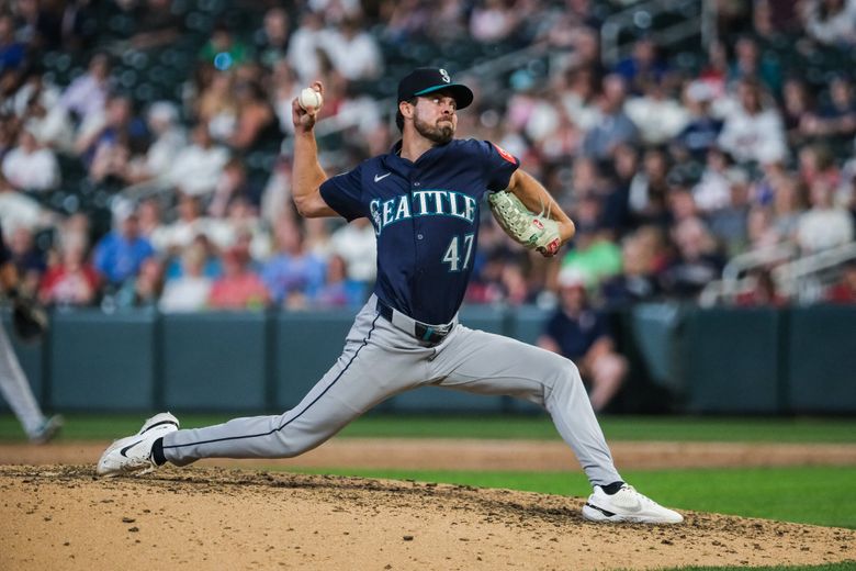 Matt Brash gets the save for Seattle in the ninth against the Minnesota Twins in Major League Baseball Tuesday, June 24, 2025 at Target Field, in Minneapolis, MN. (Dean Rutz / The Seattle Times)