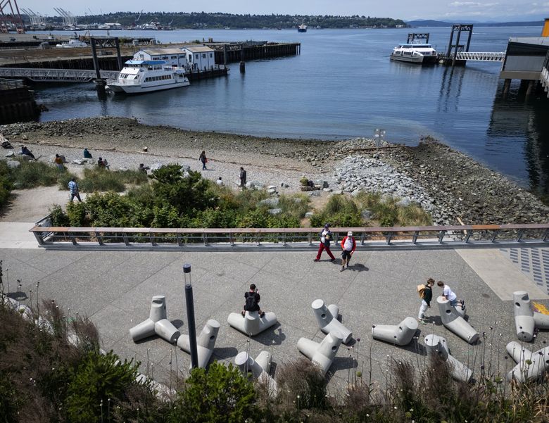 Buster Simpson’s artwork “Anthropomorphic Dolos,” which can double as seating across from Habitat Beach, in the background, and along the Seattle Waterfront Park promenade. (Ken Lambert / The Seattle Times)