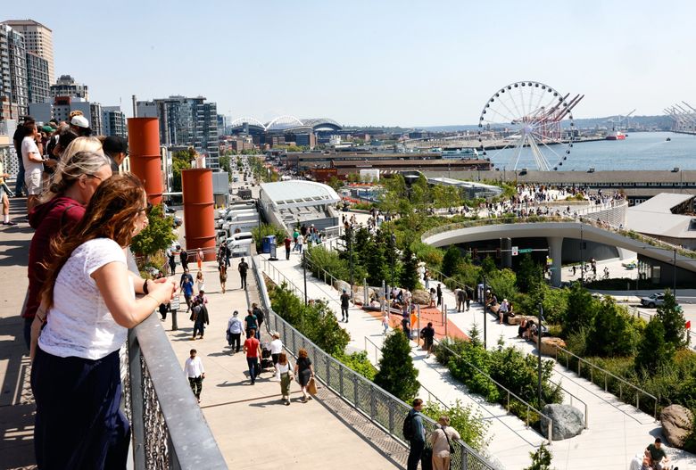 Looking south from outside Pike Place Market at Overlook Walk. (Karen Ducey / The Seattle Times)