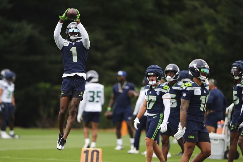 Seahawks wide receiver Marquez Valdes-Scantling makes a catch during training camp on July 26, 2025, in Renton. (Lindsey Wasson / The Associated Press)