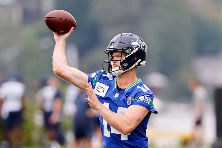 Seattle Seahawks quarterback Sam Darnold throws out a pass during training camp Saturday, July 26, 2025 in Renton, WA. (Jennifer Buchanan / The Seattle Times)