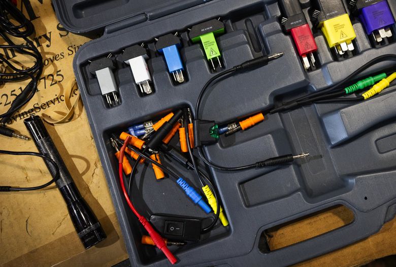 A relay test kit is used during a class on electrical theory and how it relates to diesel engines at South Seattle College. (Ken Lambert / The Seattle Times)