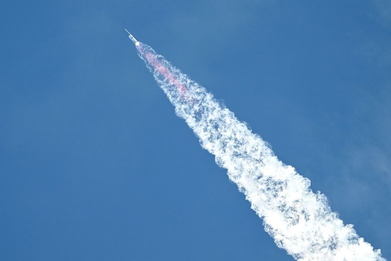 SpaceX’s Starship following lift-off from Starbase, Texas, on Tuesday. (Ronaldo Schemidt / AFP via Getty Images)