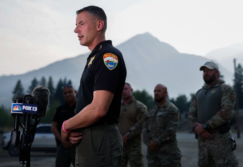 Chelan County Sheriff Mike Morrison gives an update about the Travis Decker investigation Friday at the incident base in Leavenworth. Human remains found Thursday — part of a spinal column, a femur and feet — that are believed to be Decker’s, were decomposed and scattered, likely by animals, said Morrison. (Nick Wagner / The Seattle Times)