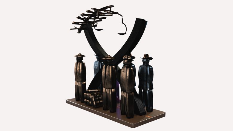 Artist’s rendering of the 14-foot Chinese American Legacy Artwork Project art installation. It depicts six life-size figures: three Chinese laborers and three mob members. Made of bronze, the figures are separated from each other by a giant stainless steel “X” as the scales of justice, composed of firearms, hang above them. (Stewart Wong / Purple Moon Design LLC)