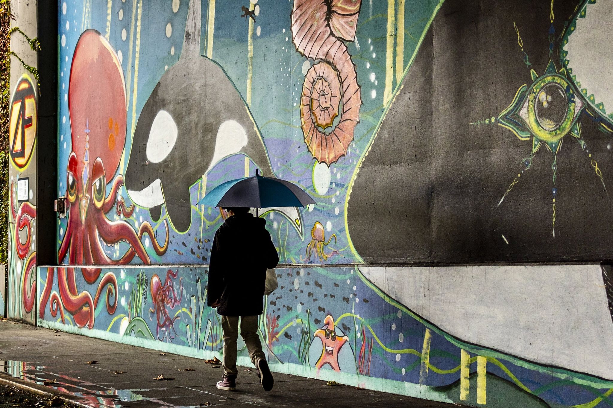 A pedestrian walks with an umbrella on a wet Monday in Seattle. Rain was likely to continue through the weekend before drier weather returned Tuesday night. (Kevin Clark / The Seattle Times)