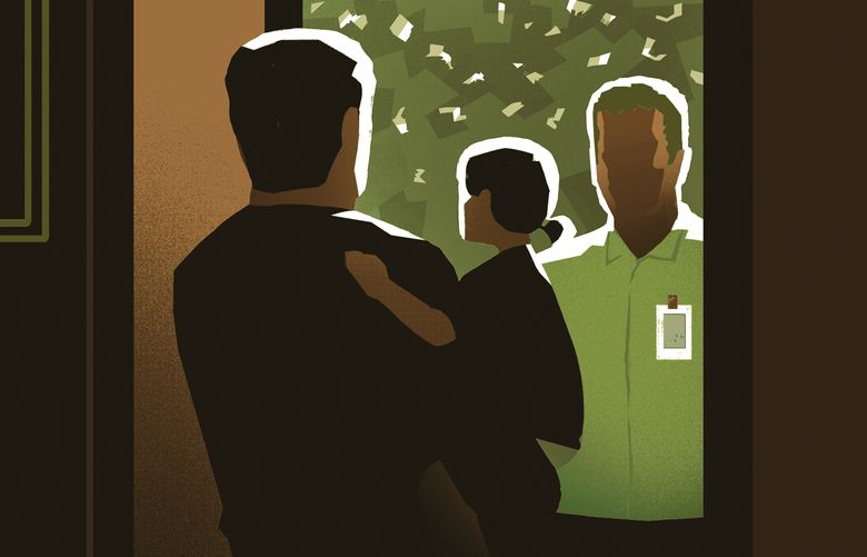 An illustration showing a caseworker coming to the door of a parent holding a child