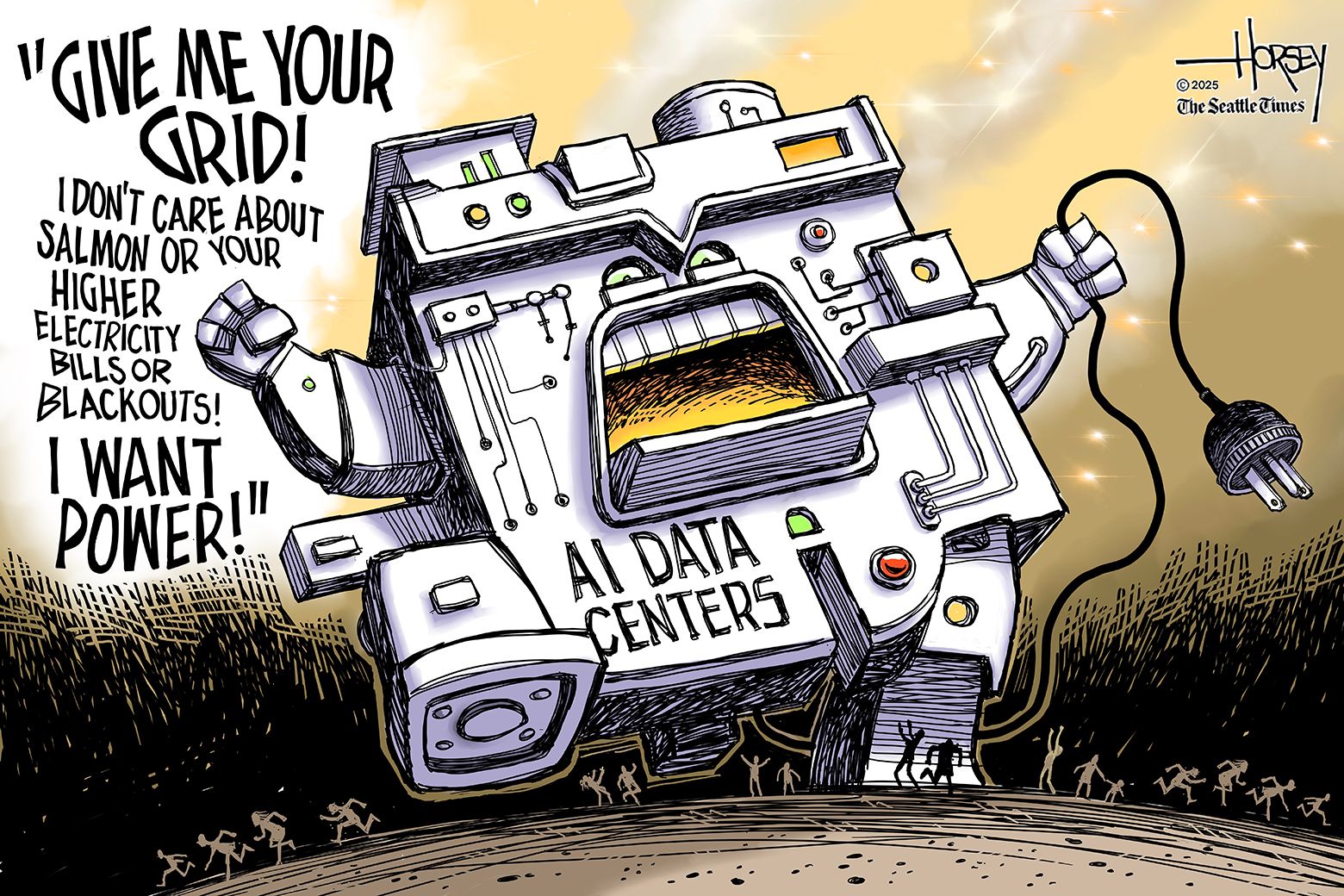 Cartoon showing a datacenter as a monster demanding more power.