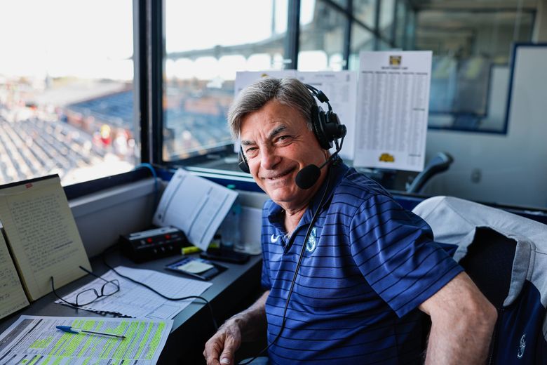 Mariners broadcaster Rick Rizzs gets ready to go live for the team’s Cactus League opener against San Diego. (Dean Rutz / The Seattle Times)