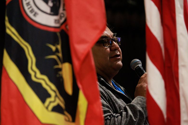 Shannon Wheeler, chair of the Nez Perce Tribe, attends a meeting with tribal fishermen near Lapwai, Idaho February 18, 2025.
(Erika Schultz / The Seattle Times)