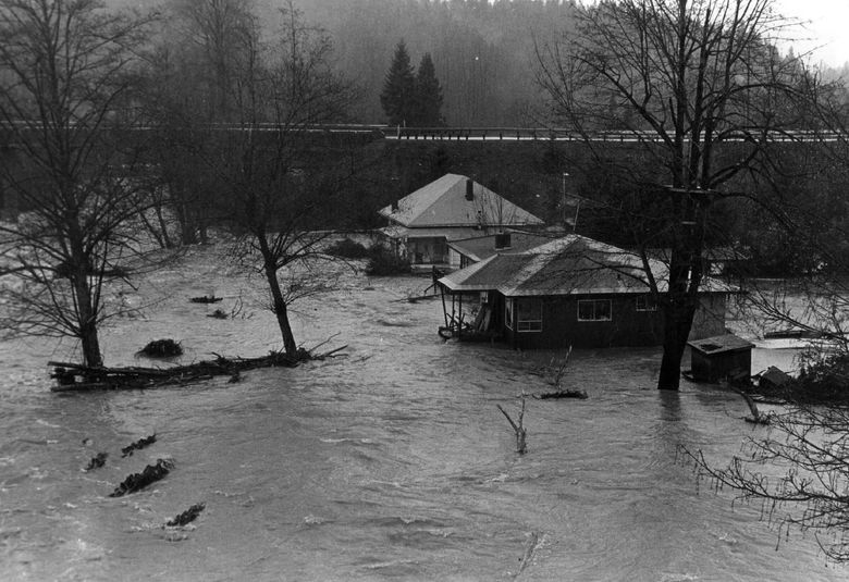 Water from the flooding Cedar River surrounded houses in Maple Valley on Dec. 4, 1975. The river was one of many out of its banks in Western Washington. (Vic Condiotty / The Seattle Times)