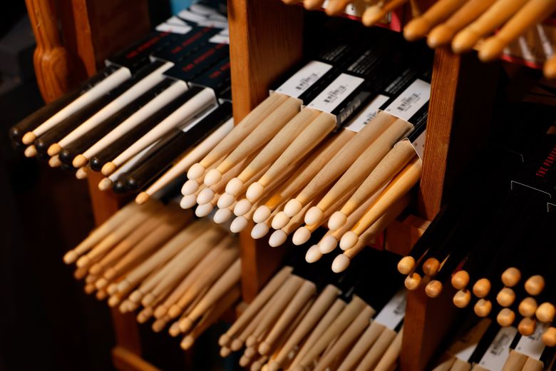Drumsticks at Re-Animated Music in Seattle. (Jennifer Buchanan / The Seattle Times)