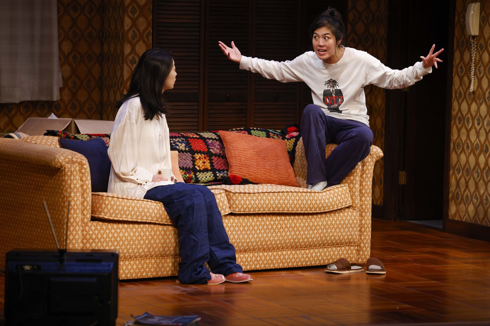 Seoyoung Park, left, who plays Jane, and Becca Q. Co, who plays Luna, rehearse 'The Heart Sellers' this month at Seattle Rep. (Ivy Ceballo / The Seattle Times)