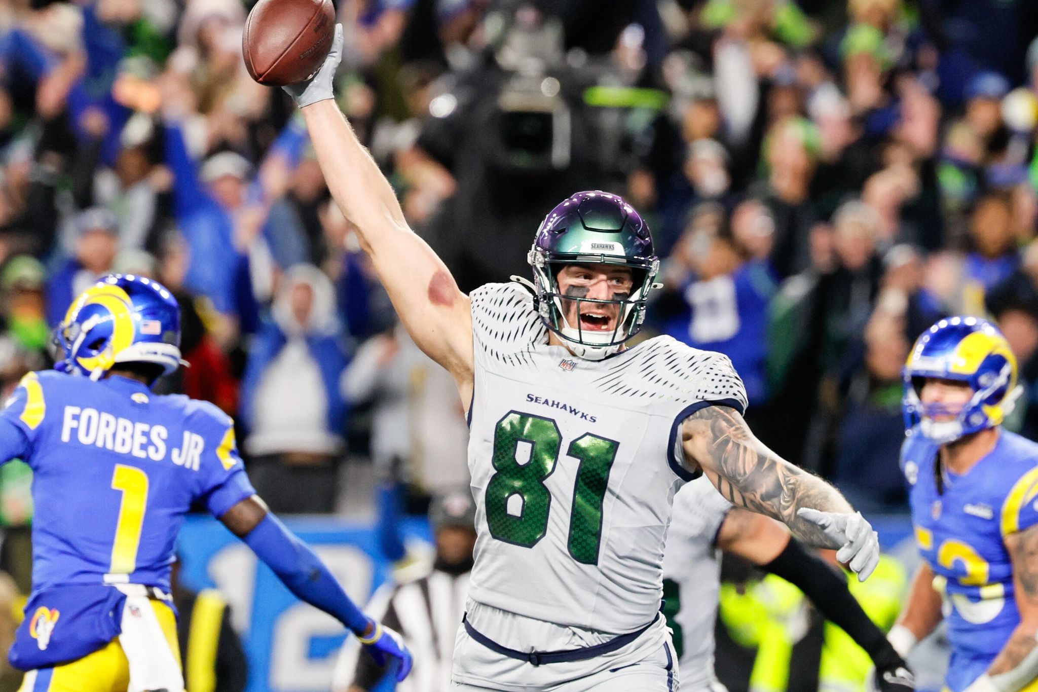 This Seahawks player caught the two-point conversion that won the overtime game against the Rams last month. Know who it is? Test your knowledge of this season below. (Jennifer Buchanan / The Seattle Times)