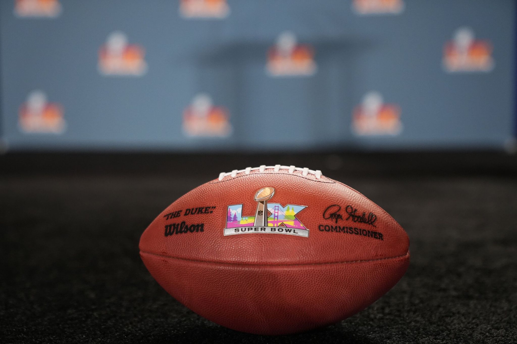 A ceremonial football with the Super Bowl 60 logo displayed the morning after Super Bowl 59 in New Orleans. Super Bowl 60 will take place Feb. 8, 2026, at Levi's Stadium in Santa Clara, California. (Gerald Herbert / AP)