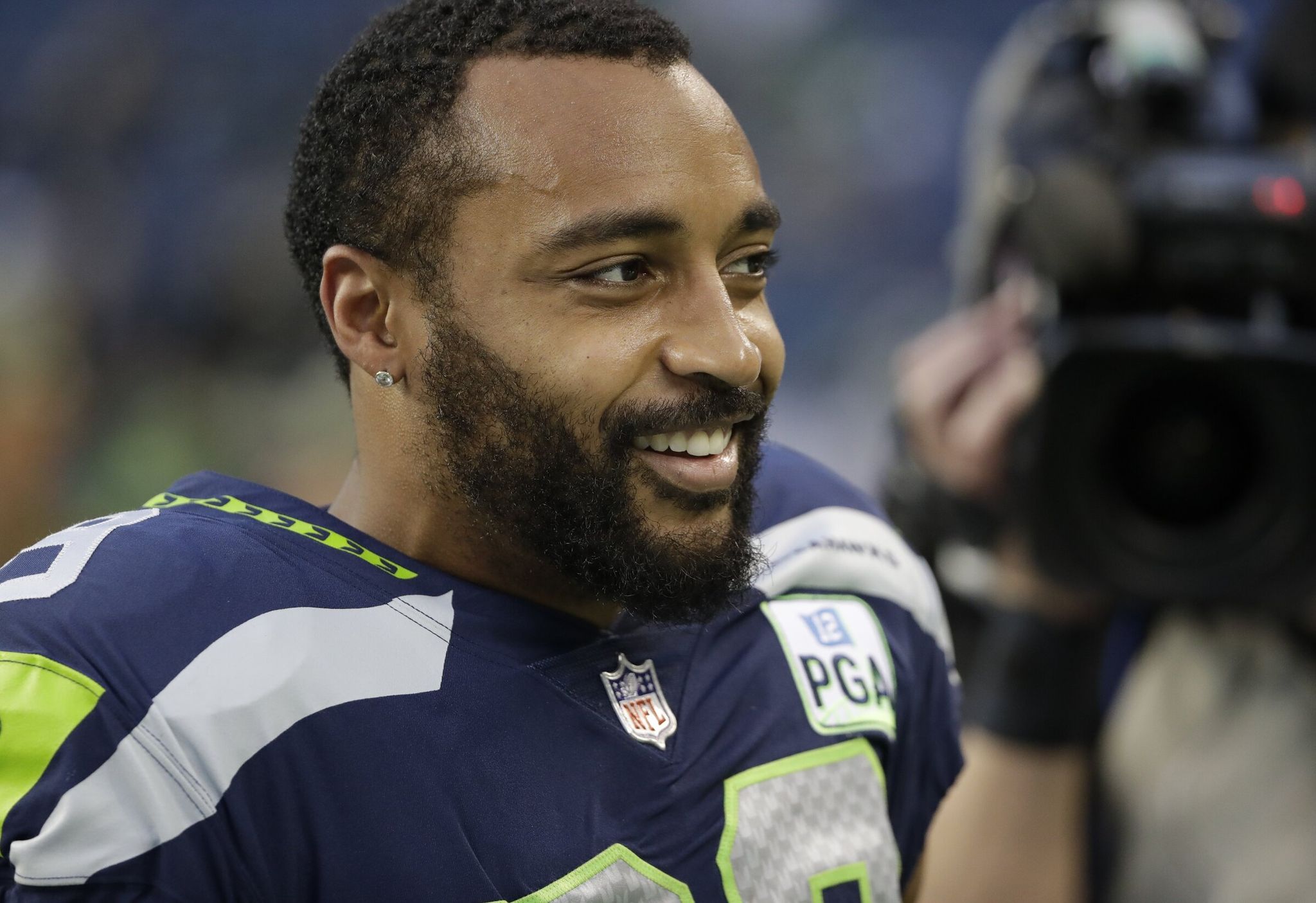Seahawks receiver Doug Baldwin reacts on the field during warmups before a game against the Green Bay Packers on Thursday, Nov. 15, 2018, in Seattle. (Ted S. Warren / AP)