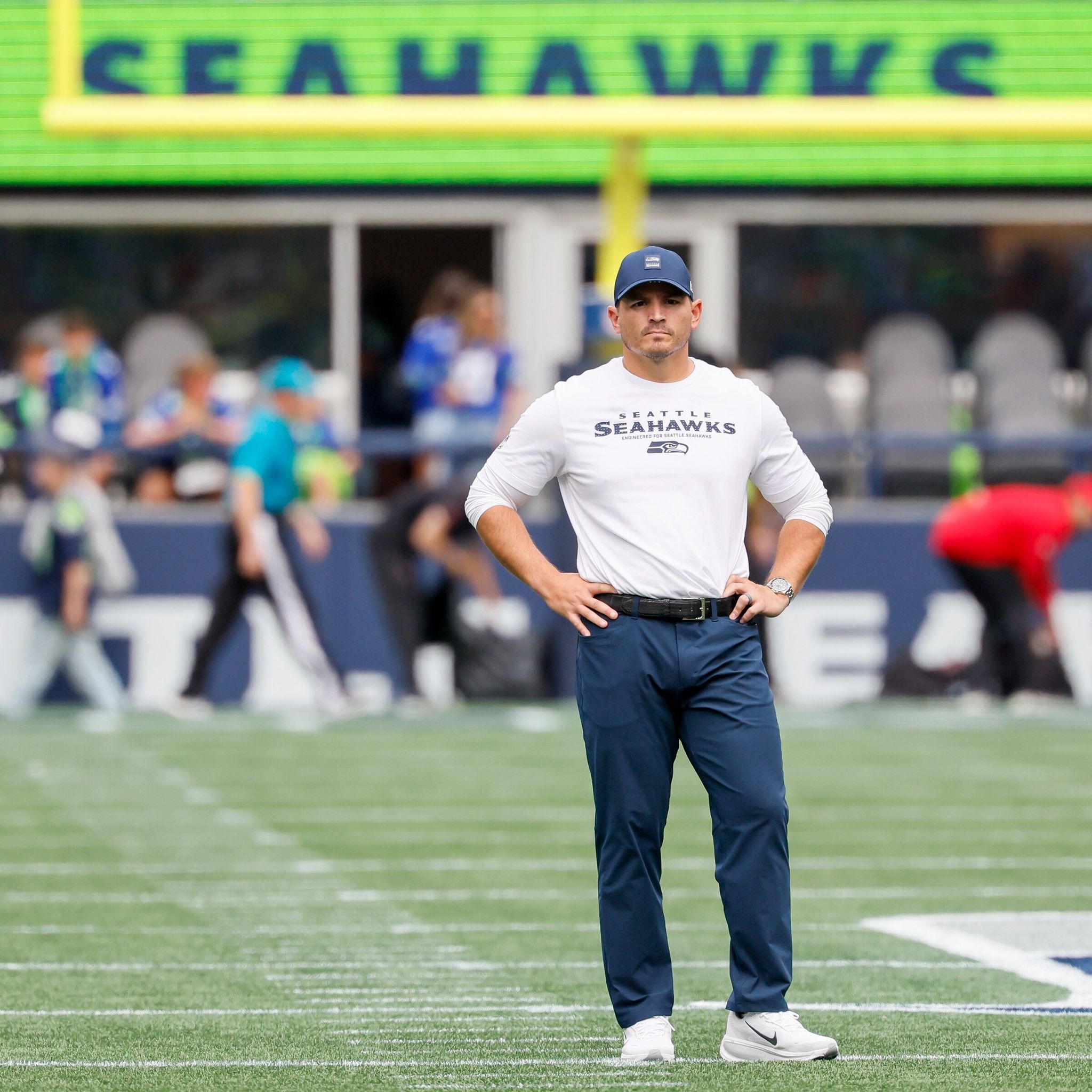 Seattle Seahawks head coach Mike Macdonald watches warmups before the game against the San Francisco 49ers on Sept. 7, 2025, in Seattle. (Jennifer Buchanan / The Seattle Times)