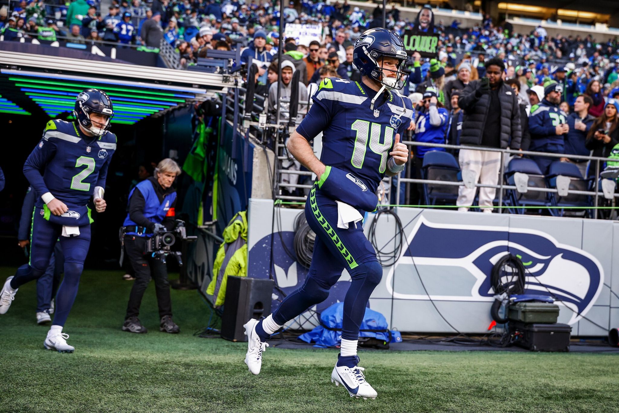 Seahawks quarterback Sam Darnold walks onto the field before Seattle’s game against the Los Angeles Rams in the NFC championship on Sunday, Jan. 25, 2026, at Lumen Field in Seattle. (Dean Rutz / The Seattle Times)