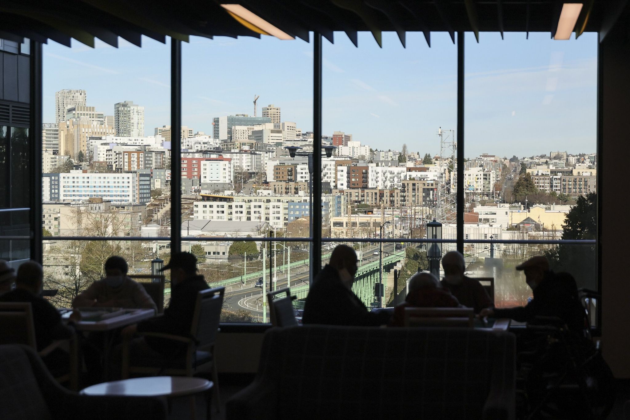 A great view of the Seattle skyline — another benefit of the Ron Chu Center for Healthy Aging and Well-Being on Beacon Hill. (Kevin Clark / The Seattle Times)
