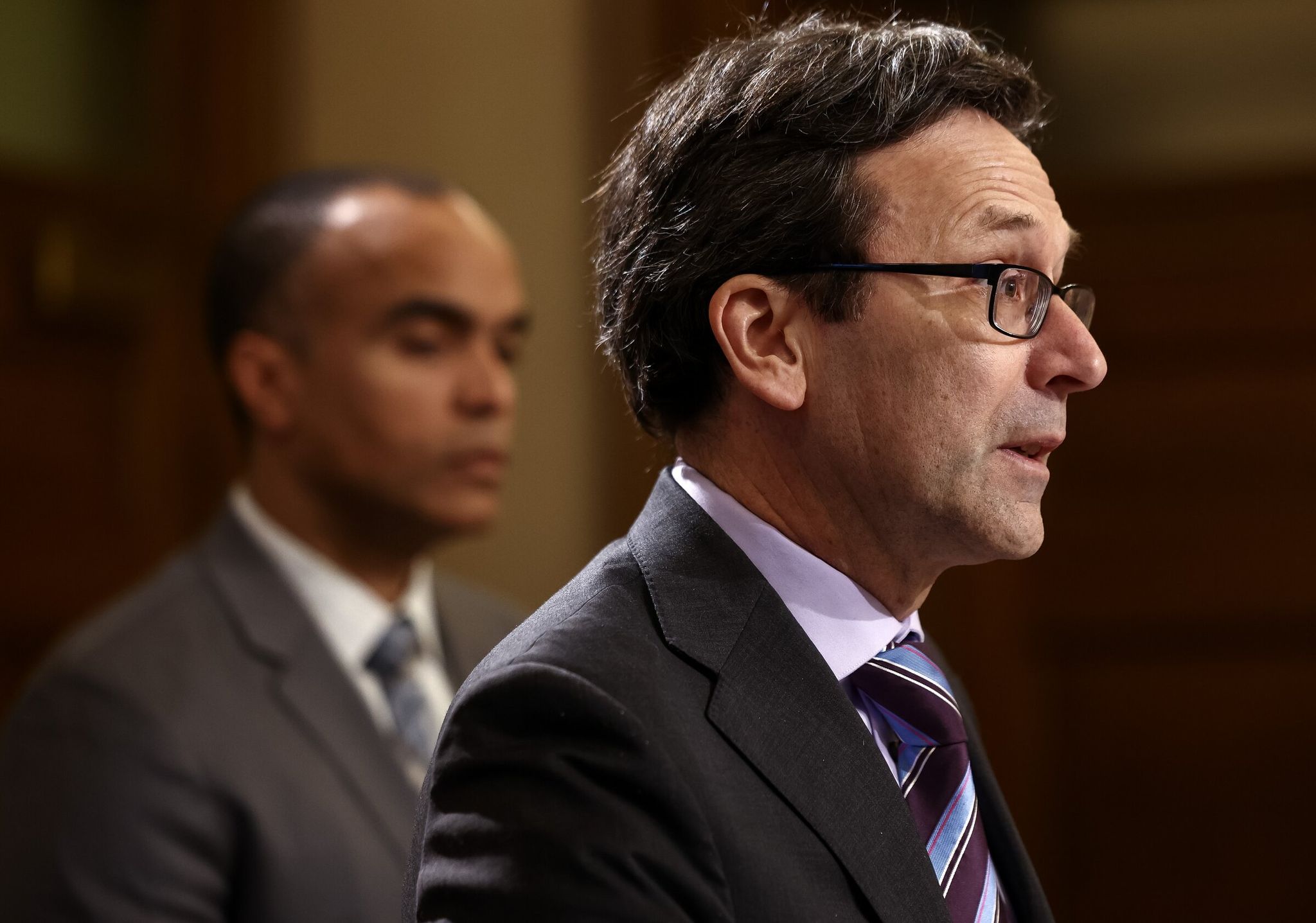 Washington Governor Bob Ferguson and Attorney General Nick Brown speak Monday in Olympia about preparations they are making in case of a possible influx of ICE personnel into our state. (Nick Wagner / The Seattle Times)