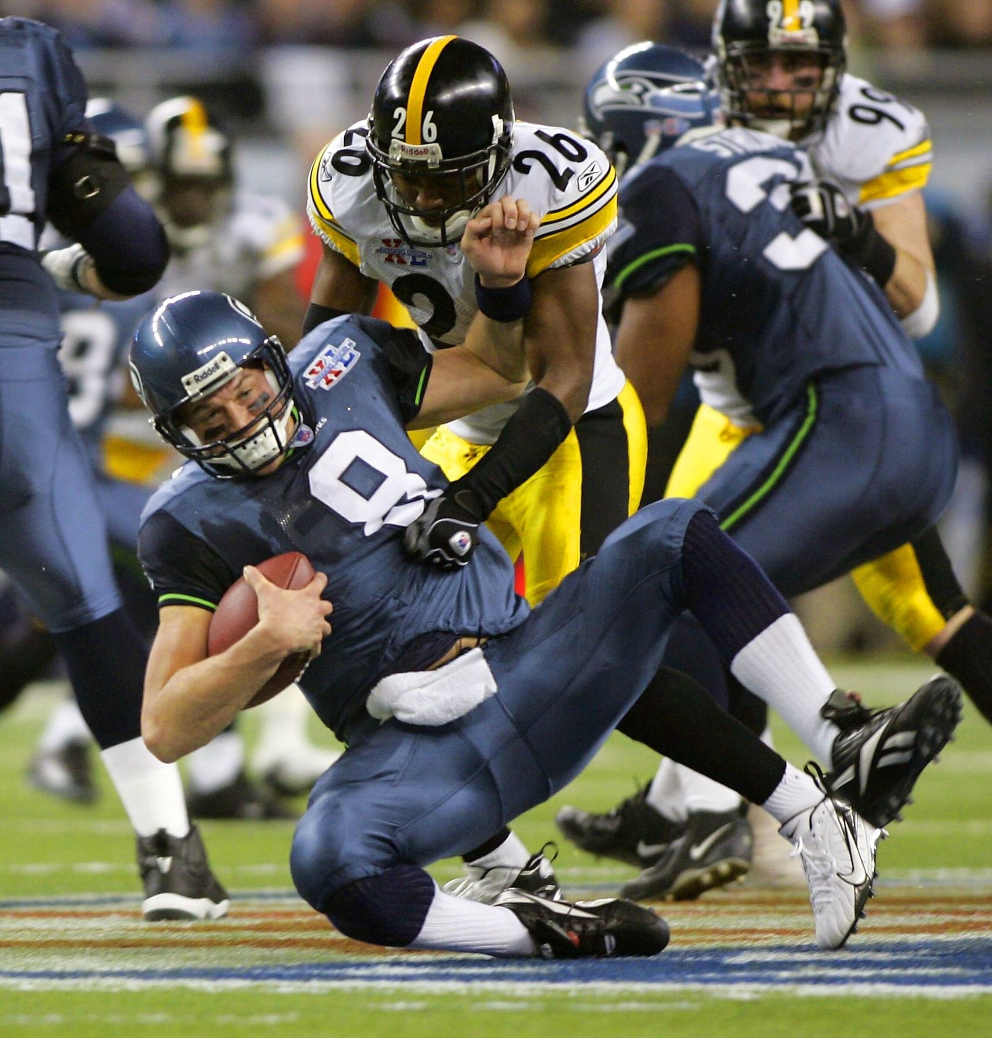 Matt Hasselbeck is sacked in the fourth quarter of Super Bowl XL against the Pittsburgh Steelers in 2006. (Rod Mar / The Seattle Times)