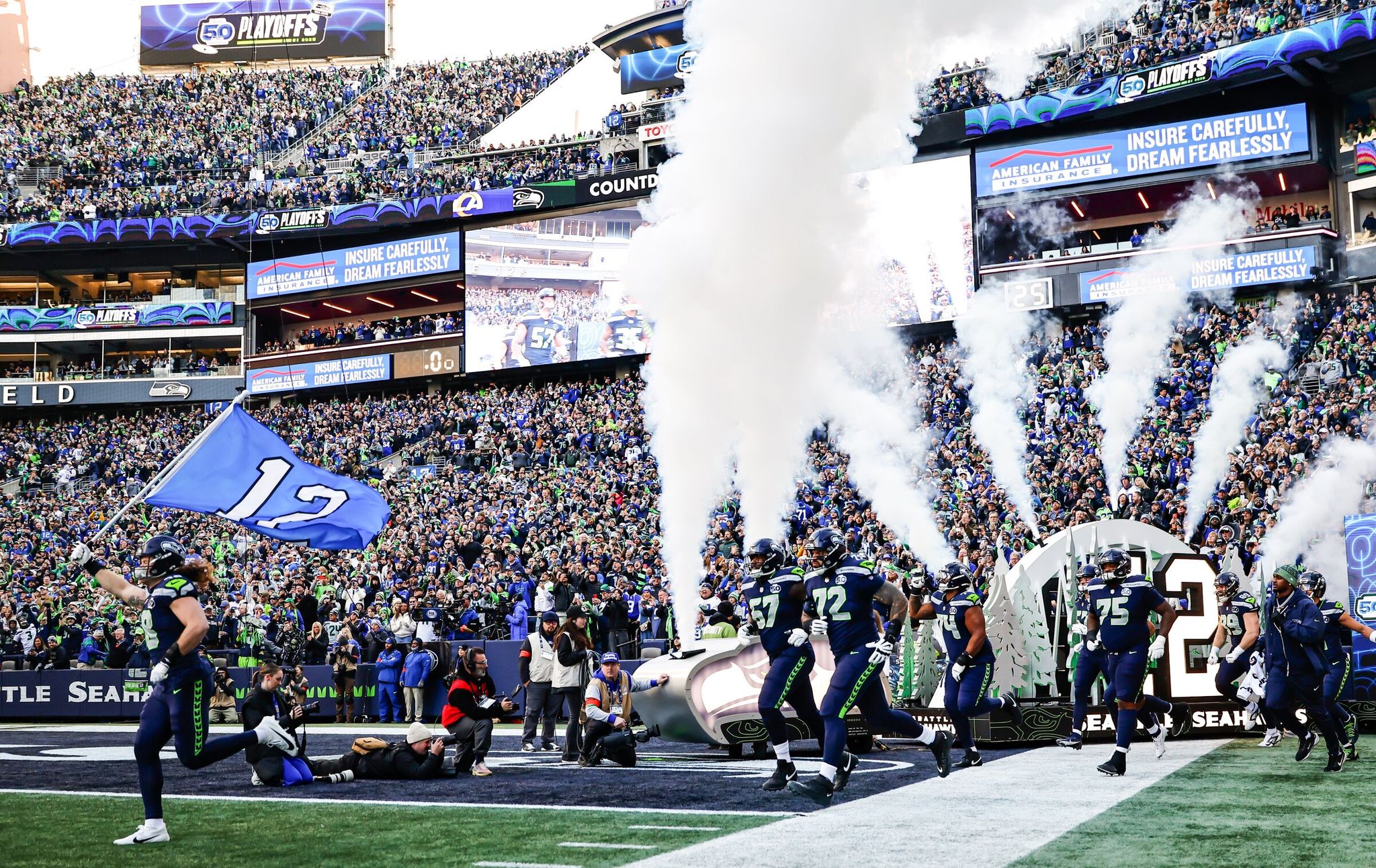 The Seahawks take the field before their NFC championship game against the Los Angeles Rams on Sunday, Jan. 25, 2026, at Lumen Field in Seattle. (Dean Rutz / The Seattle Times)