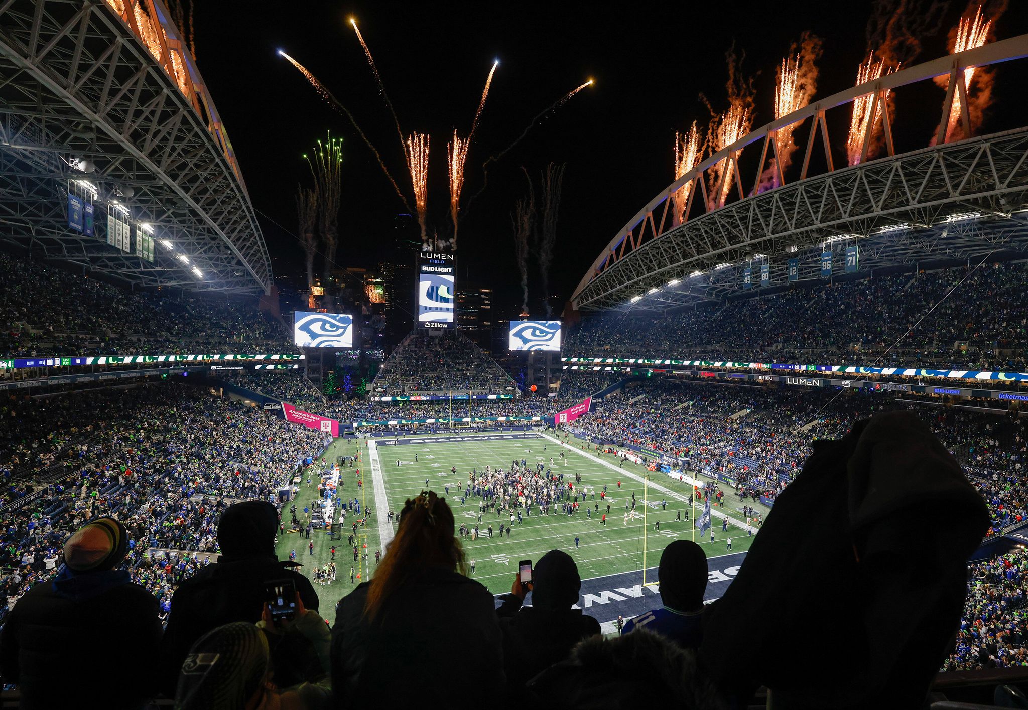 Fireworks rise as the Seahawks beat the San Francisco 41-6 in the NFL divisional playoff on Saturday, Jan. 17, 2026, in Seattle. (Nick Wagner/The Seattle Times/TNS)