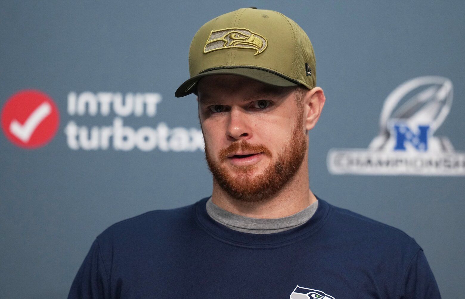 Seattle Seahawks quarterback Sam Darnold speaks at a press conference in the team facility Wednesday, Jan. 21, 2026, in Renton, Wash., before the NFC championship game vs. the Los Angeles Rams. (AP Photo/Lindsey Wasson) WALW415 WALW415