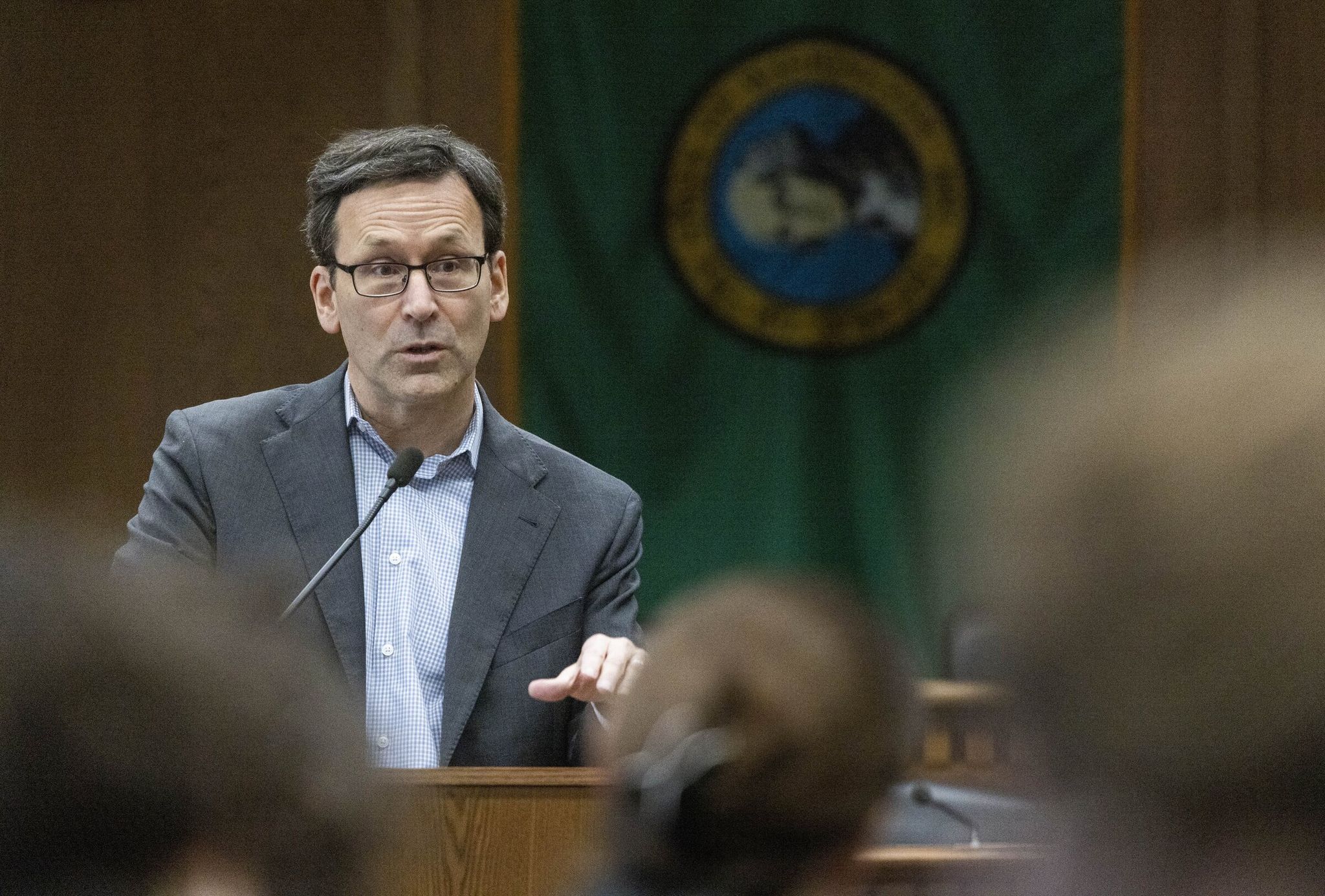 Washington Gov. Bob Ferguson during a pre-session legislative briefing, Jan. 9, 2026, at the Cherberg Building in Olympia. (Ellen M. Banner / The Seattle Times)
