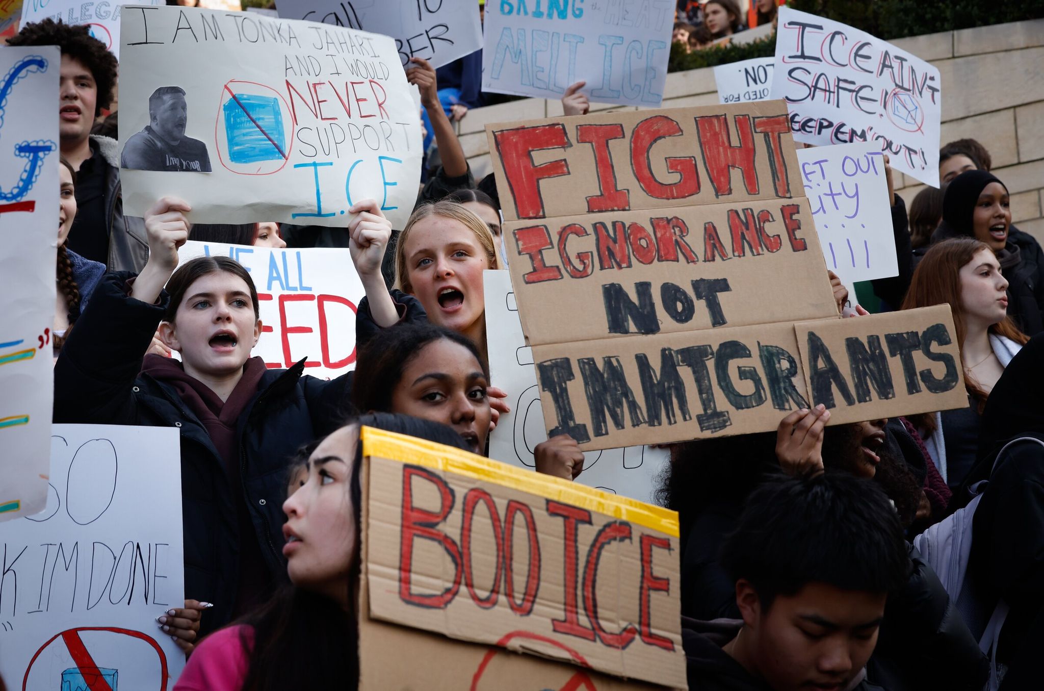 Hundreds of Seattle high school students protest ICE at Seattle City Hall on Thursday. (Karen Ducey / The Seattle Times)