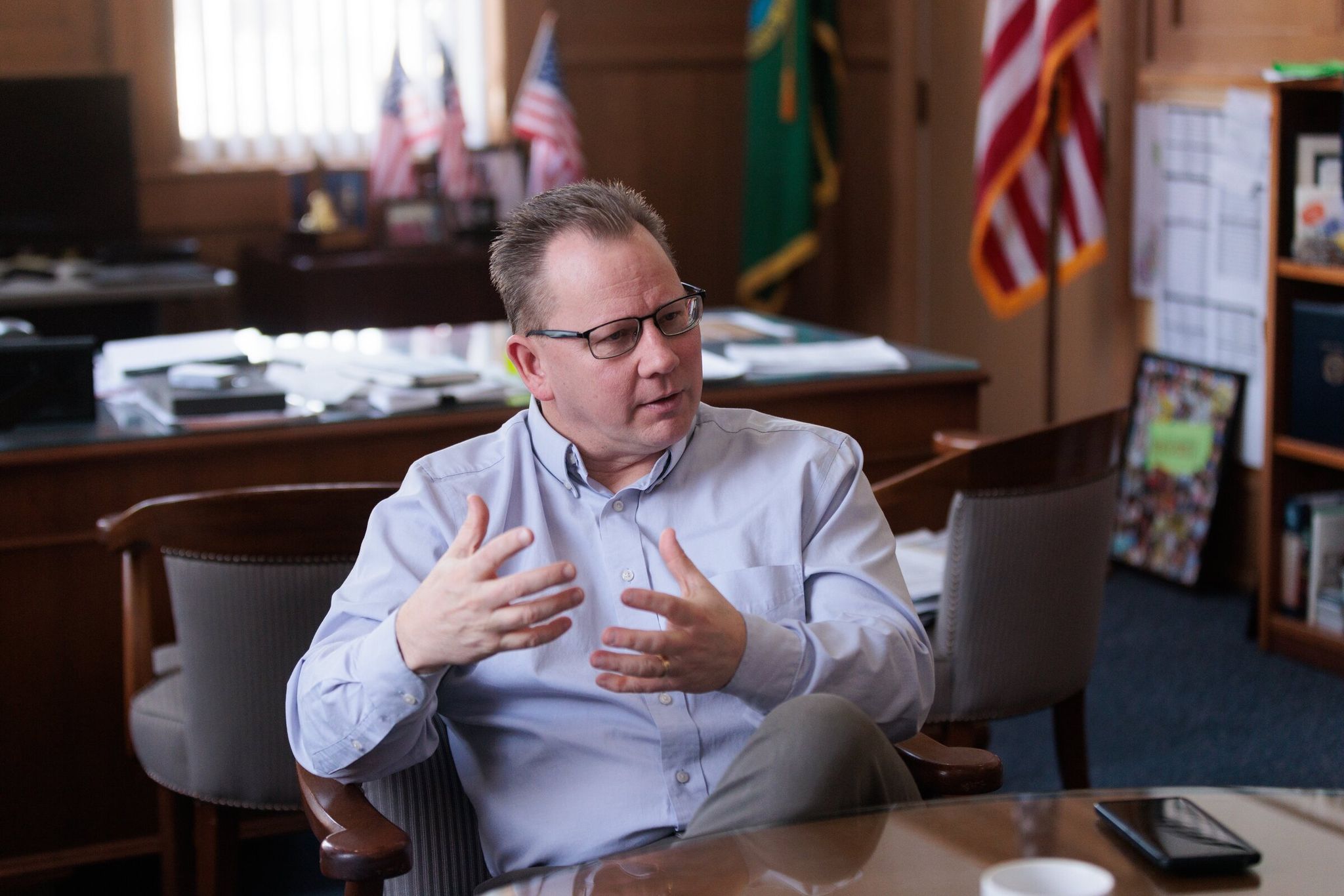 Chris Reykdal, state superintendent of public instruction, wants part of the proceeds from the proposed ‘millionaires’ tax’ to lower property taxes for middle-class families and increase funding for basic education and colleges. (Erika Schultz / The Seattle Times, 2024)