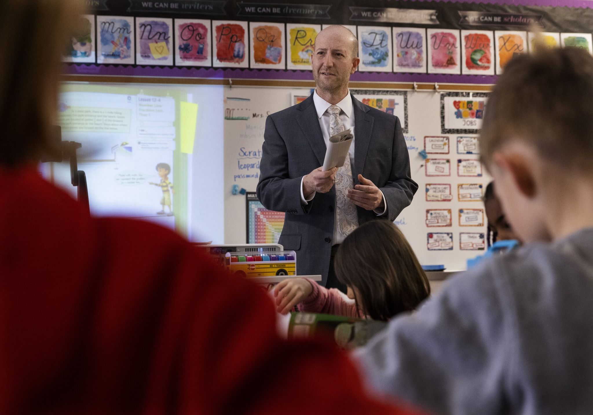 Seattle Public Schools Superintendent Ben Schuldtner speaks to students at Lafayette Elementary in West Seattle on Wednesday. Schuldtner visited 18 schools during his first week and has promised to visit all 106 district schools within his first 100 days on the job. (Ellen M. Banner / The Seattle Times)