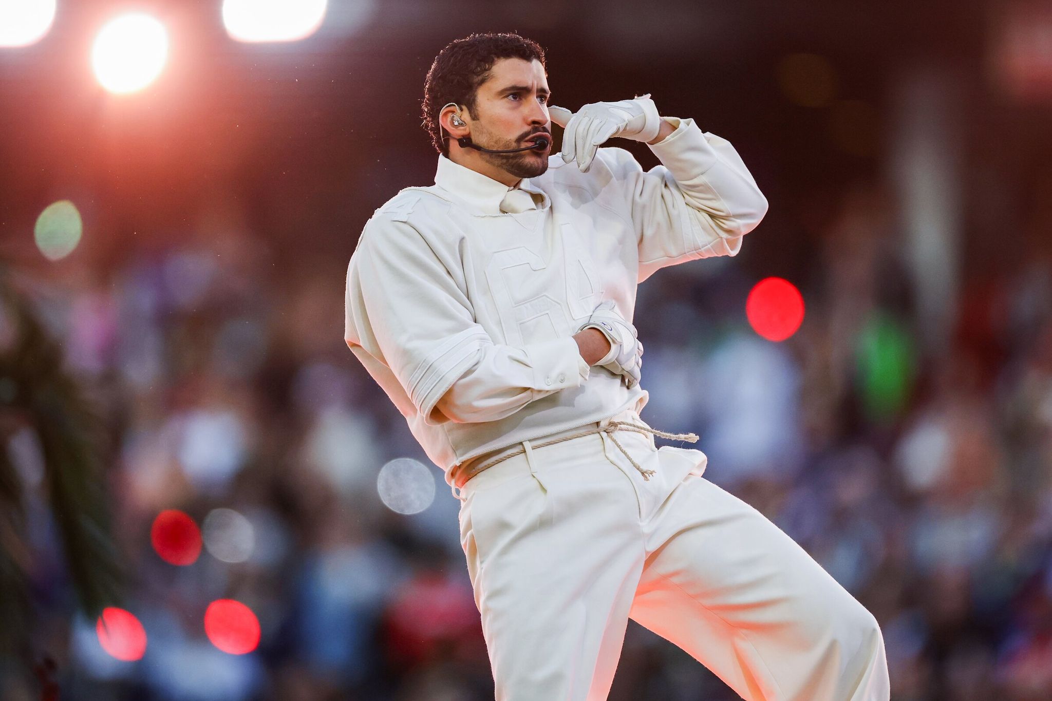 Bad Bunny performs during the Super Bowl LX halftime show 'Benito Bowl' at Levi’s Stadium on Sunday in Santa Clara, California. (Jennifer Buchanan / The Seattle Times)