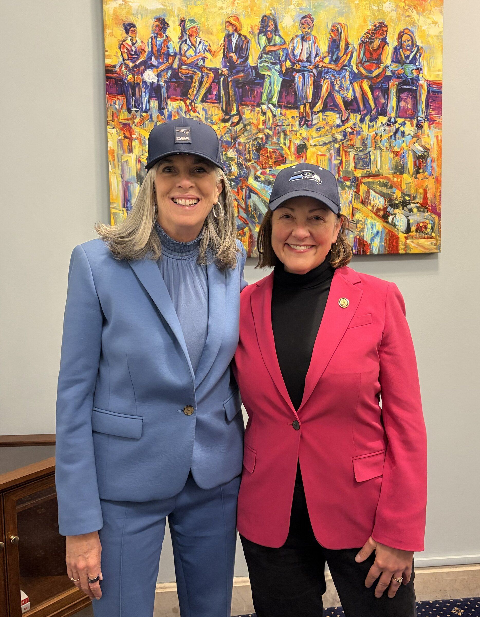 Deputy Minority Leader Rep. Katherine Clark of Massachusetts and Washington Rep. Suzan DelBene (a Democrat from Medina) wagered a basket of treats ahead of the Seahawks' Super Bowl win over the Patriots. (Provided by Rep. Suzan DelBene’s office / )
