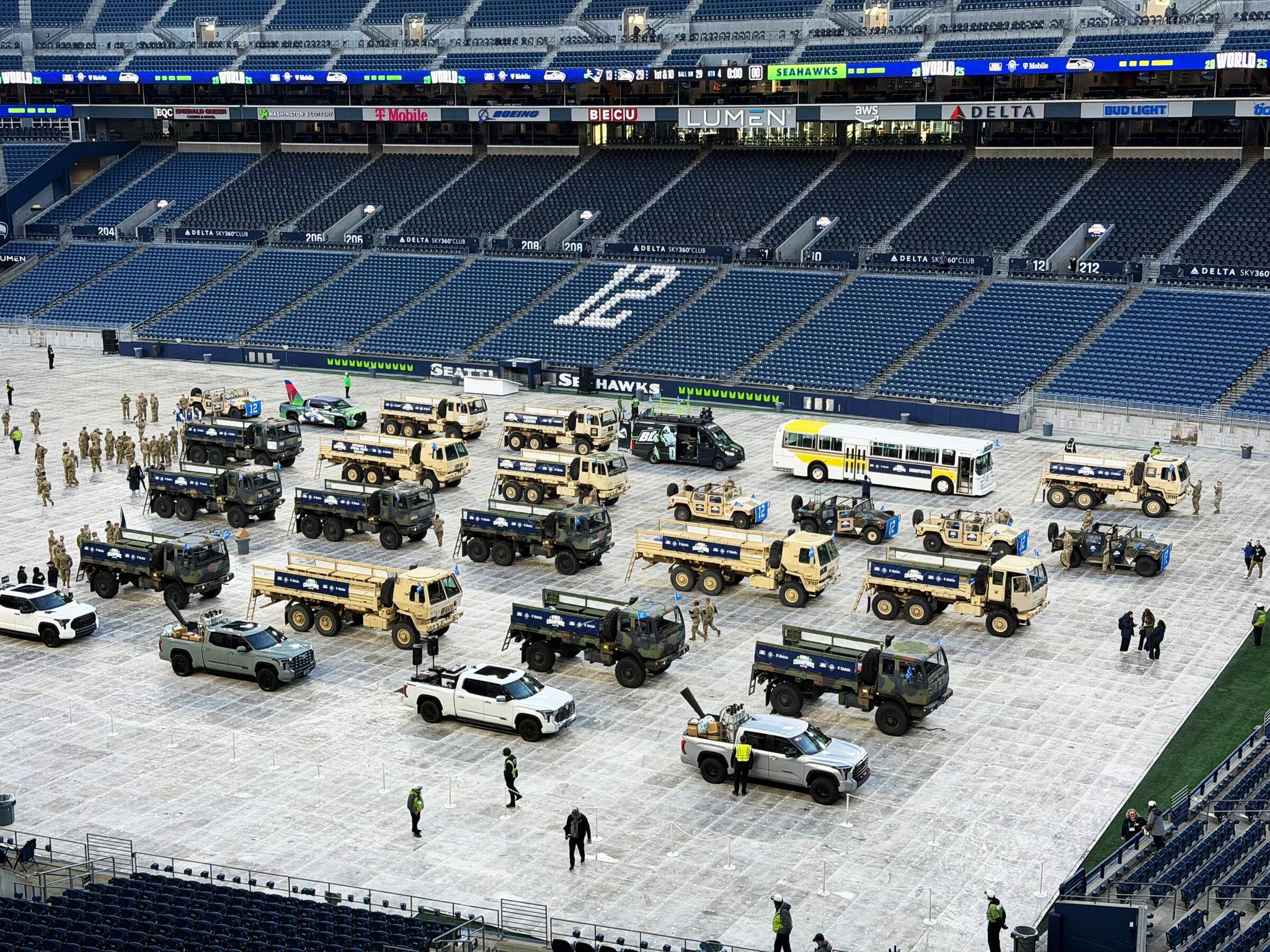 Preparation at Lumen Field for the Seattle Seahawks parade began on Wednesday, Feb. 11, 2026. (Dean Rutz / The Seattle Times)