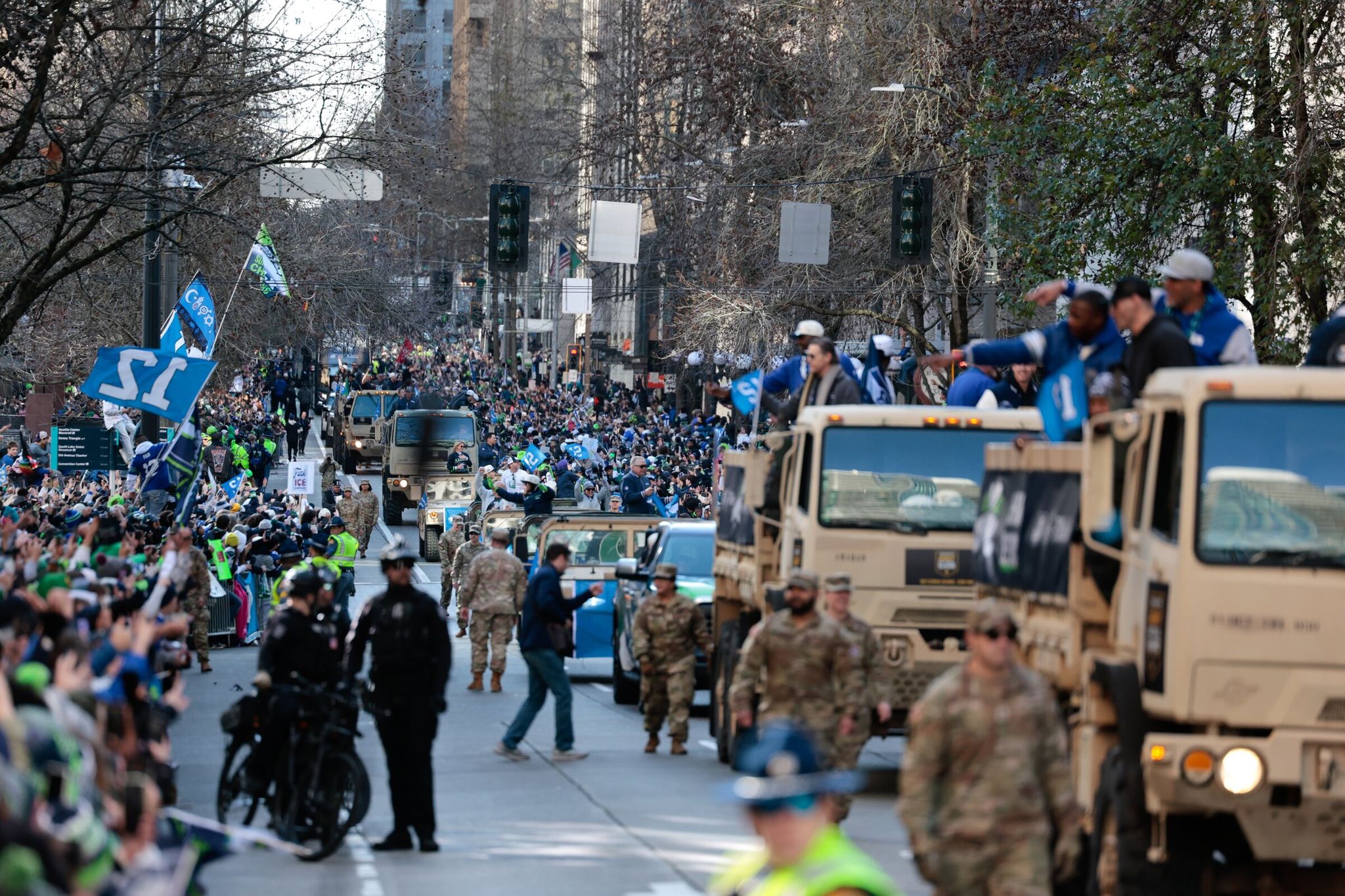 Fans line Fourth Avenue during the Seahawks world champions parade in Seattle on Wednesday, Feb. 11, 2026. (Karen Ducey / The Seattle Times)
