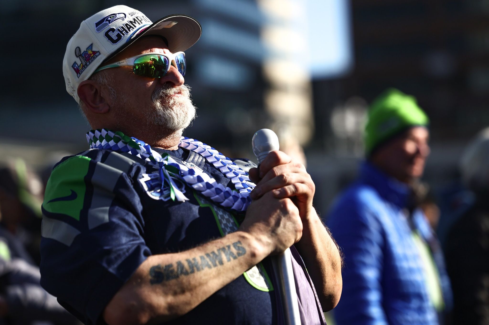 Tom Leader stands ready before the parade as thousands turned out to celebrate the Seattle Seahawks' Super Bowl championship on Wednesday, Feb. 11, 2026, in Seattle. (Nick Wagner / The Seattle Times)