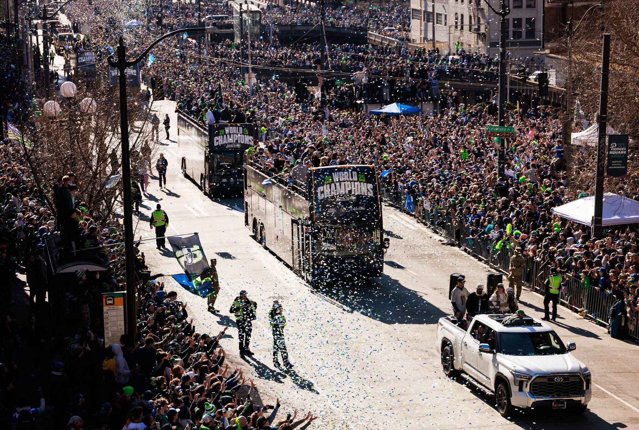 Crowds attend the Seattle Seahawks parade in Seattle on Wednesday, Feb. 11, 2026. (Erika Schultz / The Seattle Times)