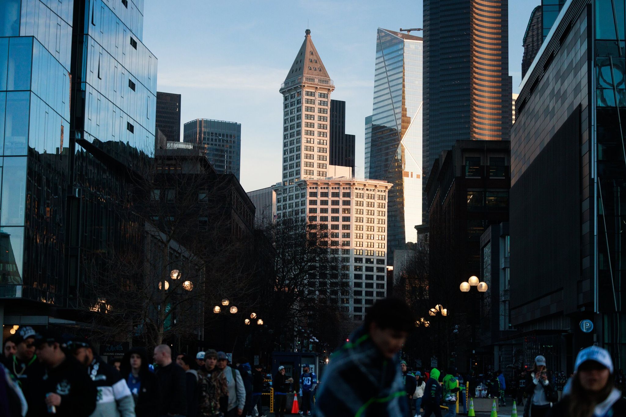 Fans line up to take photos at Lumen Field during the Seattle Seahawks parade in Seattle on Wednesday. (Erika Schultz / The Seattle Times)