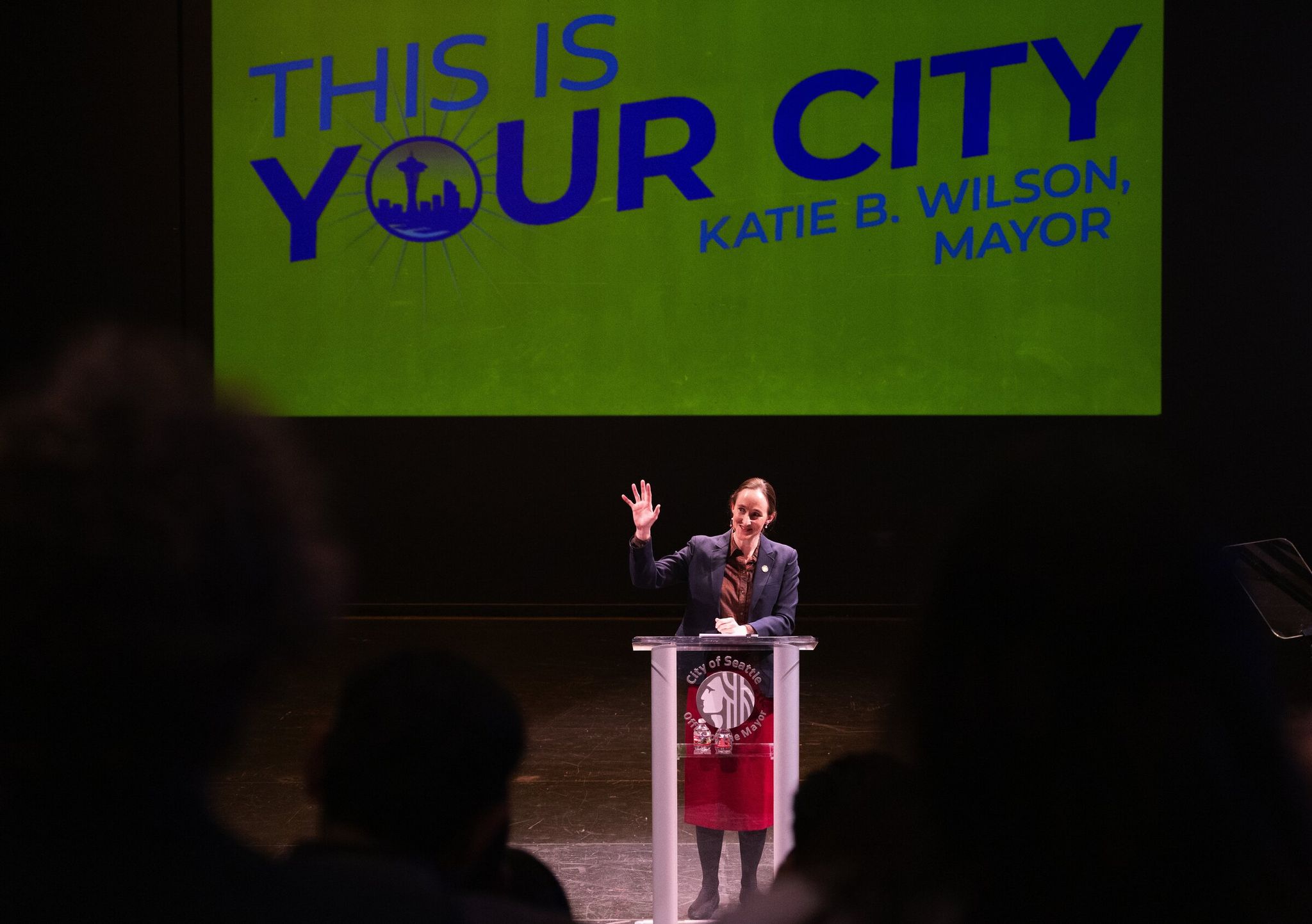 Mayor Katie Wilson gestures while delivering her first state of the city address on Tuesday in Seattle. (Ken Lambert / The Seattle Times)