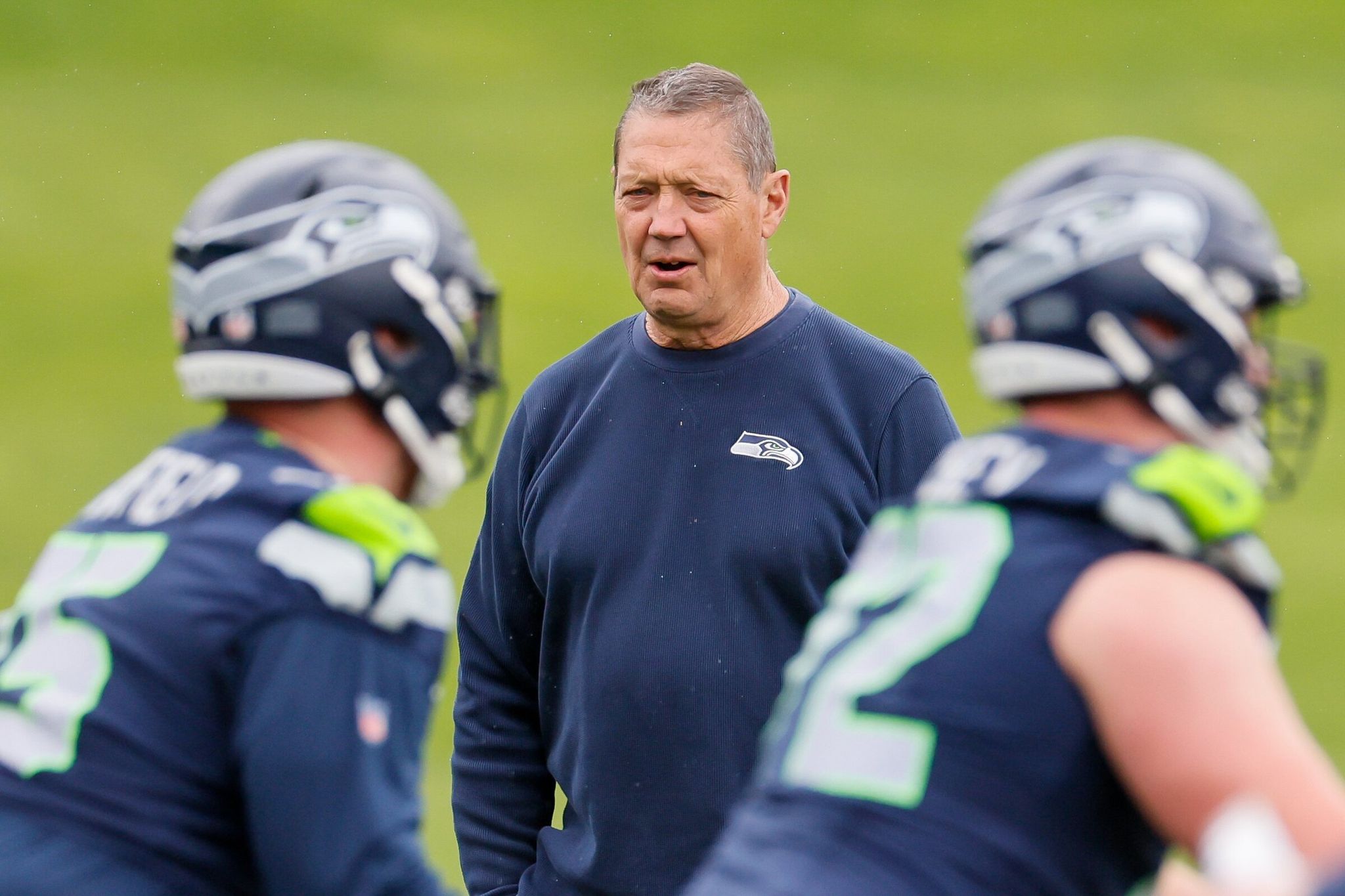 Seattle Seahawks run-game coordinator Rick Dennison watches the offensive line during a rookie mini-camp in Renton. (Jennifer Buchanan / The Seattle Times, 2025)