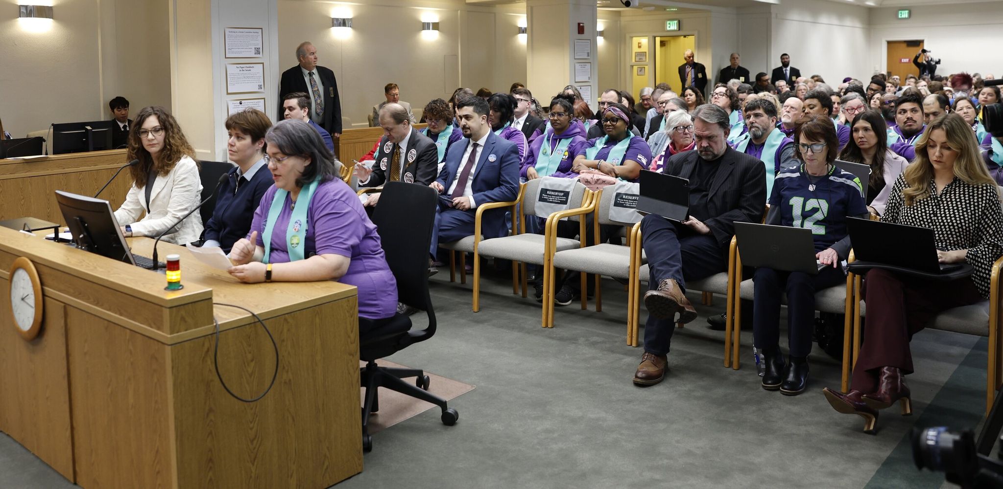 People speak at the first public hearing on the proposed 'millionaires tax' before the Washington Senate Ways and Means Committee in Olympia on Friday, Feb. 6. (Karen Ducey / The Seattle Times)